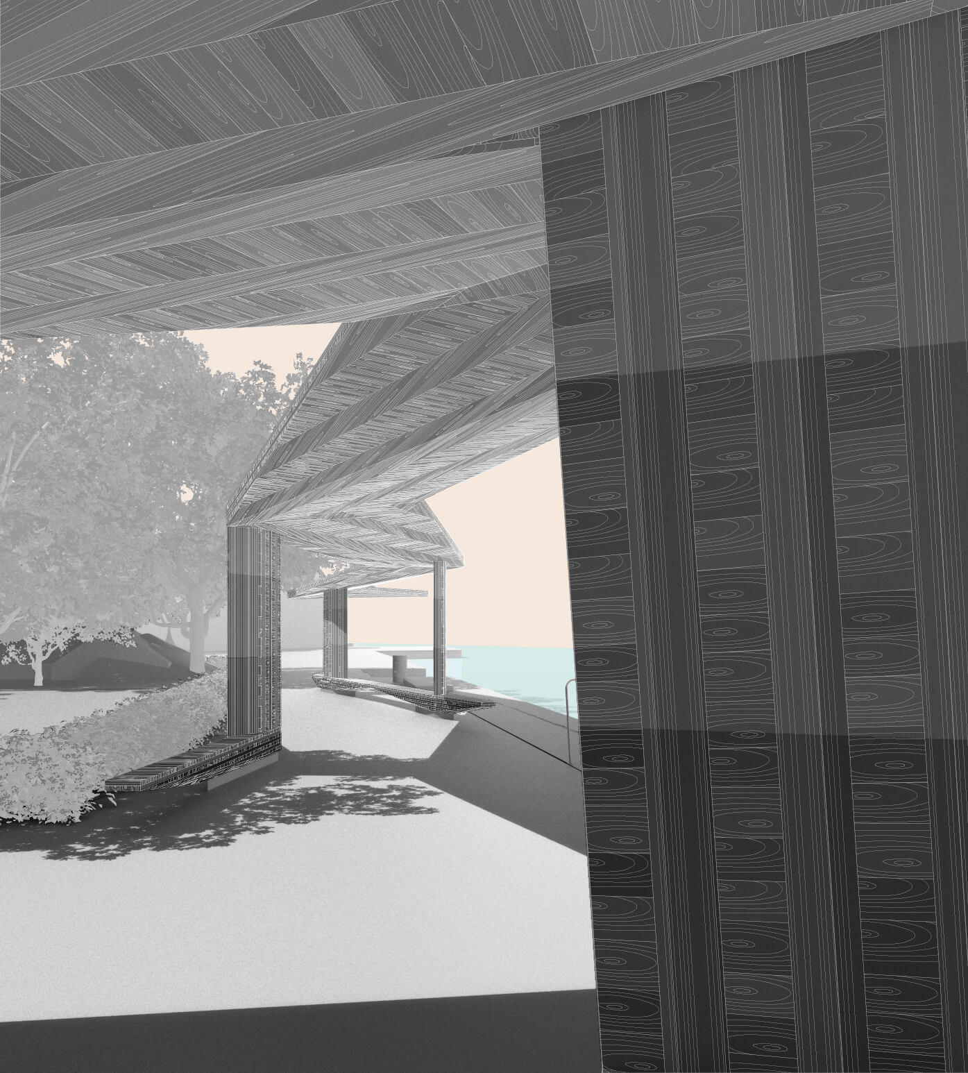 Interior rendering of a timber pavilion snaking along Venice, designed by nadaaa