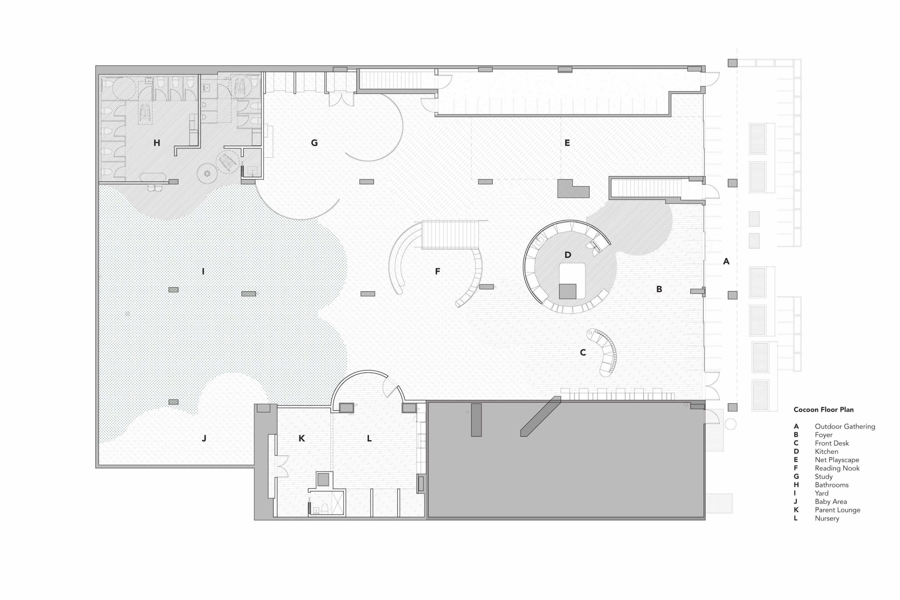 ground floor plan of a play scape with most of it dedicated to a big yard