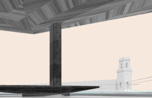 Interior rendering of a herringbone timber pavilion against a pink sky at the venice architecture biennale