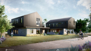 rendering of two modern homes with large lawns