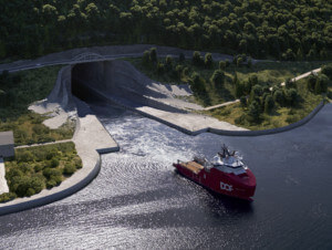Rendering of the Stad Ship Tunnel , a tunnel with a boat coming out