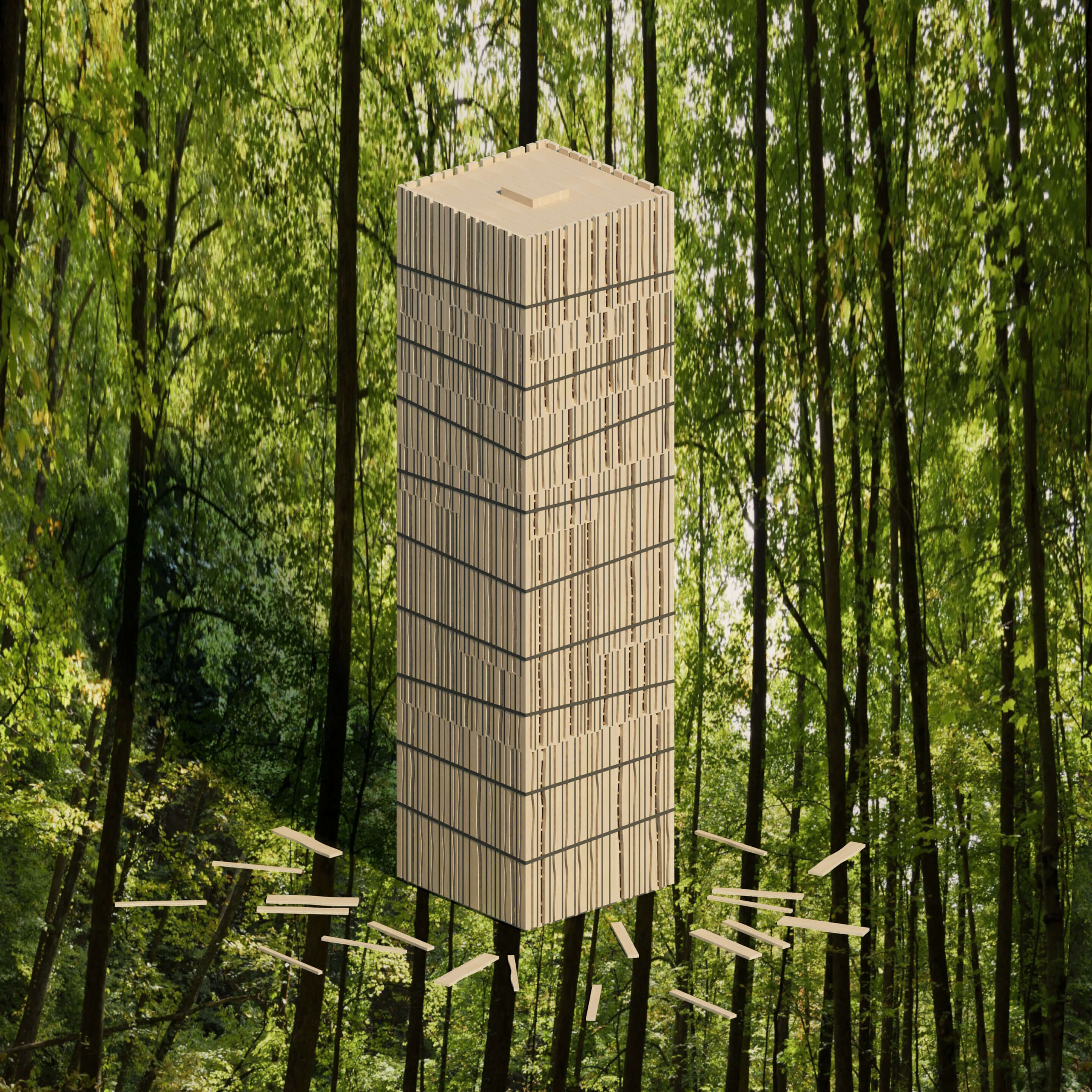 Rendering of a timber tower against bamboo