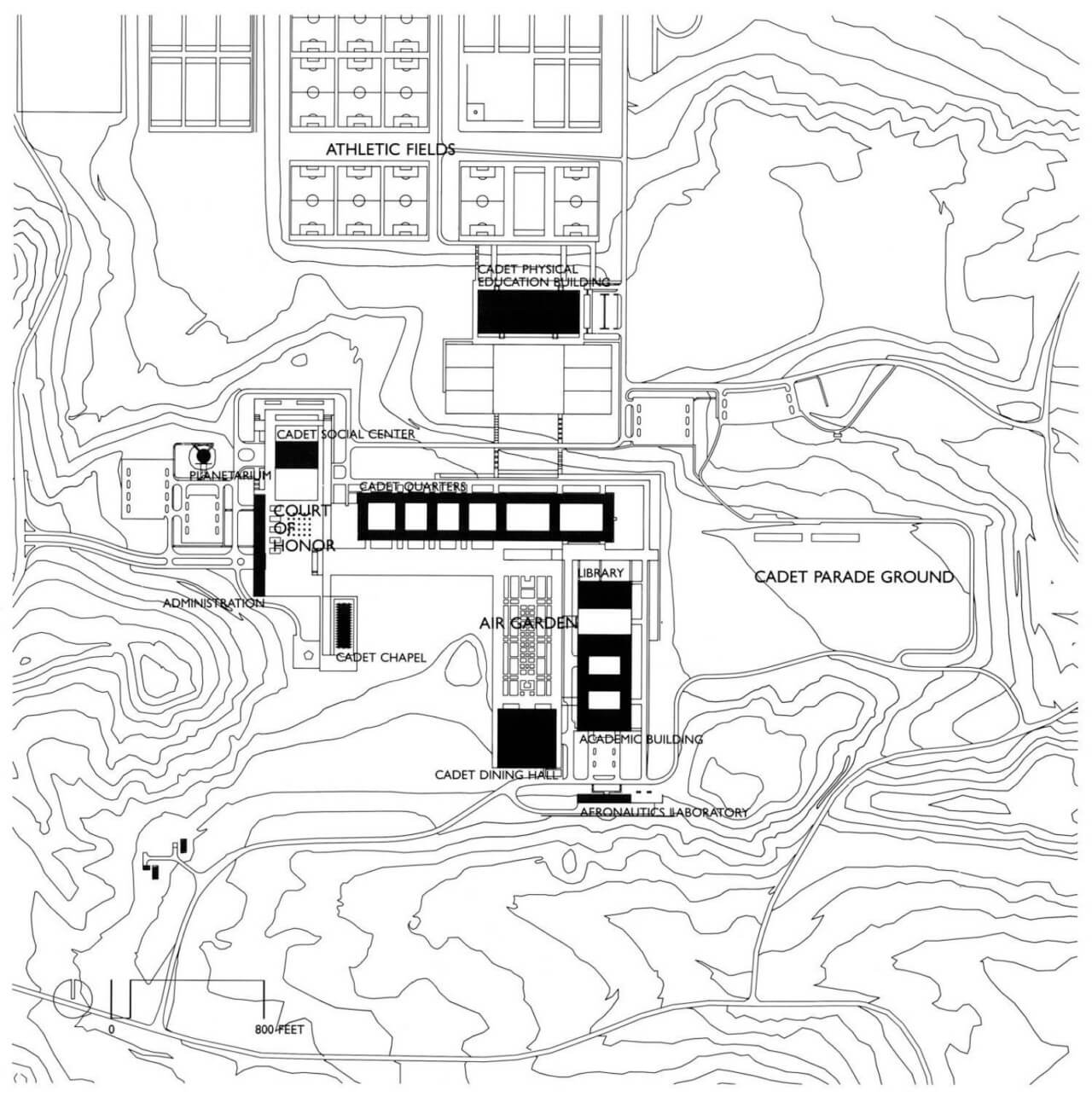 top-down site plan for a sprawling campus amid colorado mountains