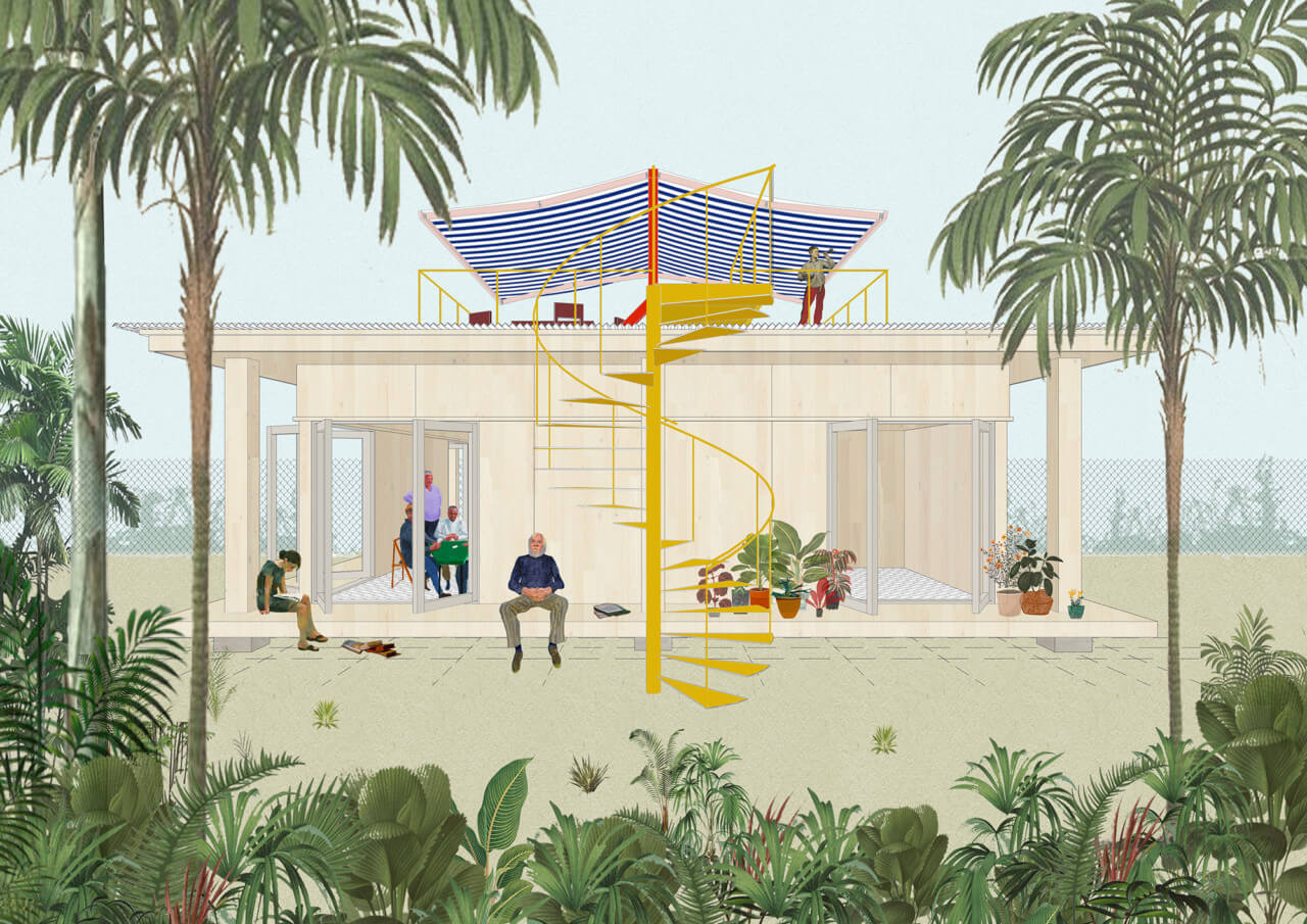 collage depicting the exterior of an accessory dwelling unit with yellow spiral staircase at center