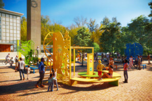 Rendering of a steel yellow pavilion for exhibit columbus 2021