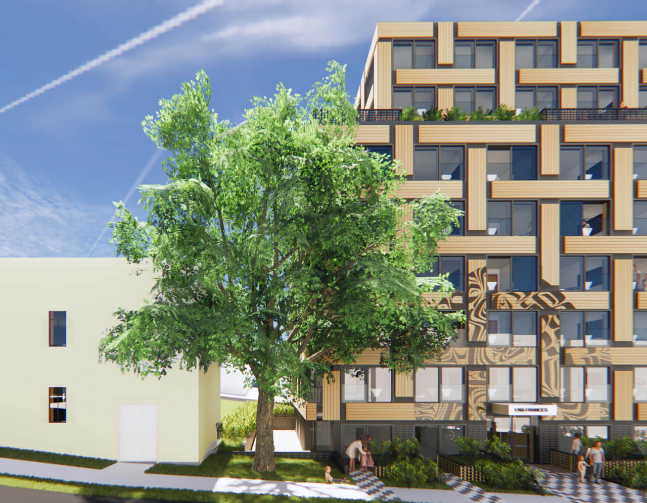 exterior rendering of a basket shaped building with timber panels