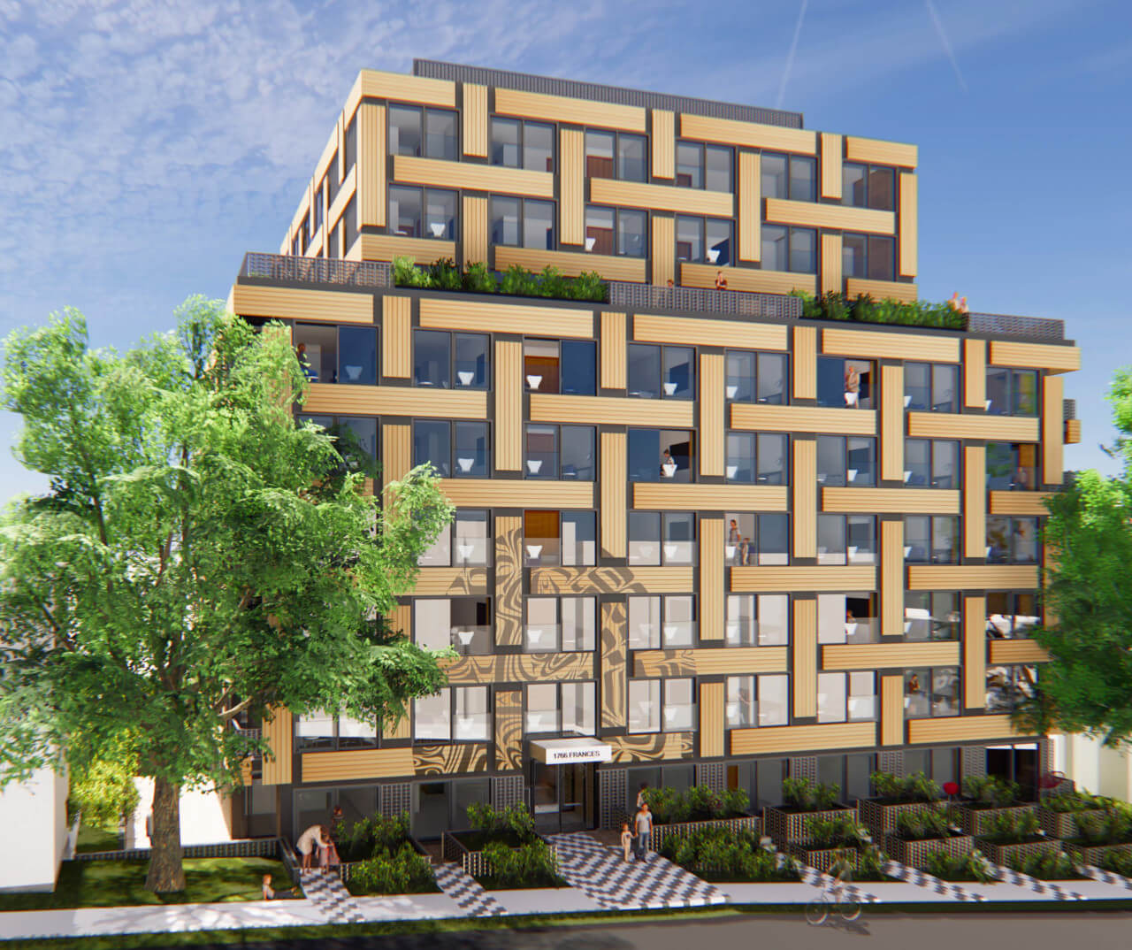 exterior rendering of a basket shaped building with timber panels