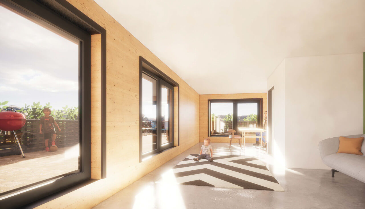 Rendering of the inside of a hall with exposed timber panels