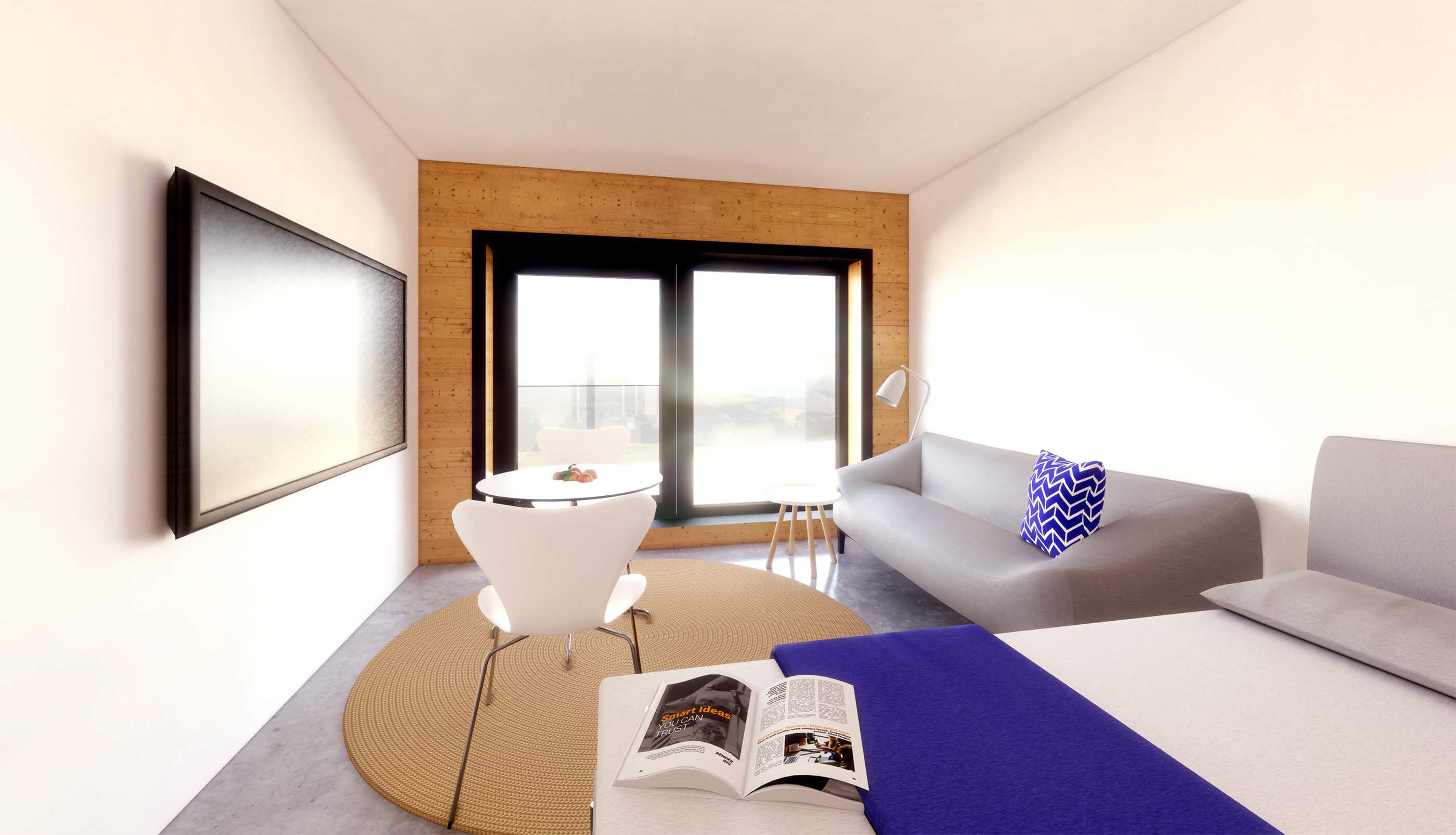 Interior rendering of long apartment unit with timber at the end