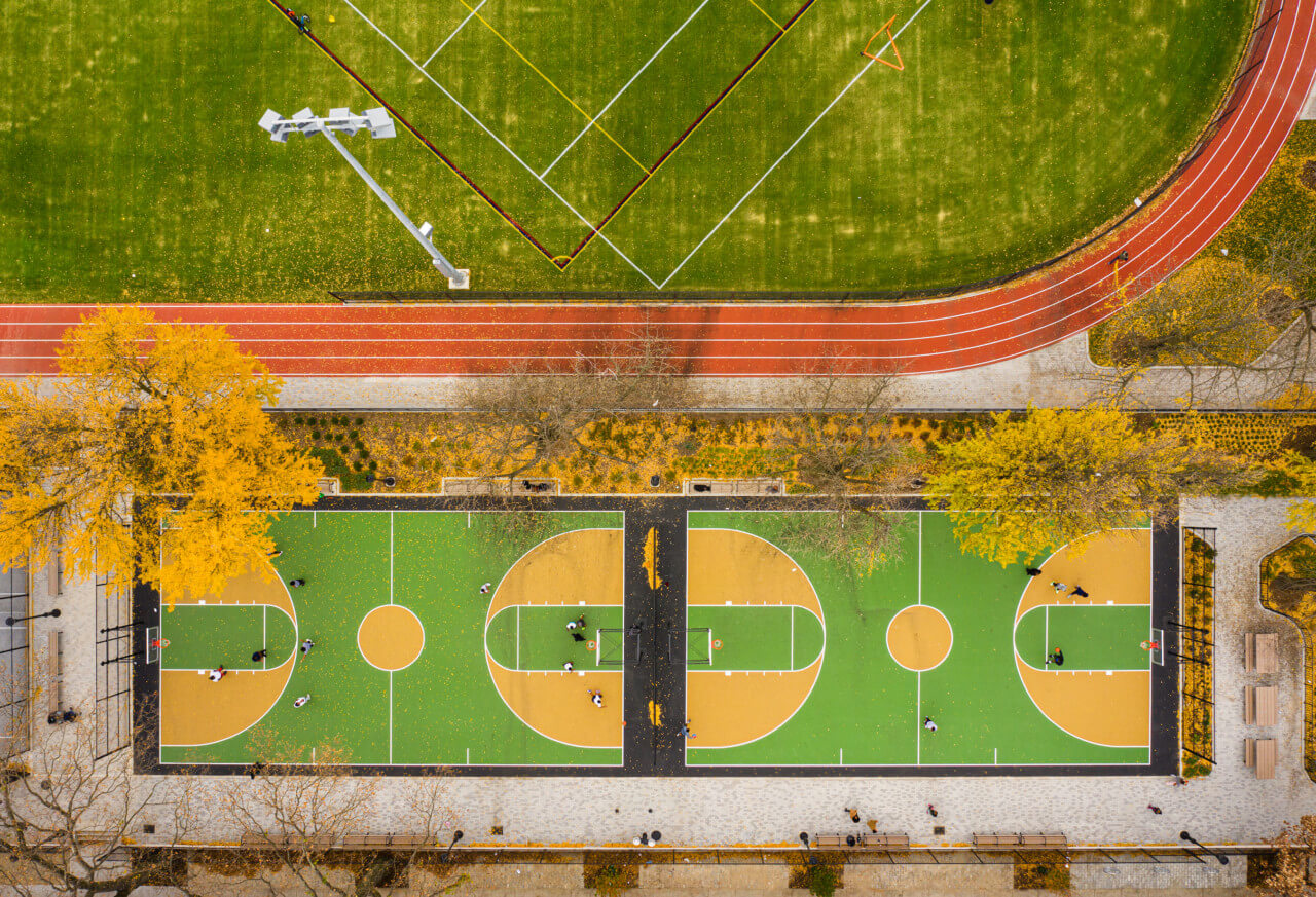 colorful aerial view of basketball courts