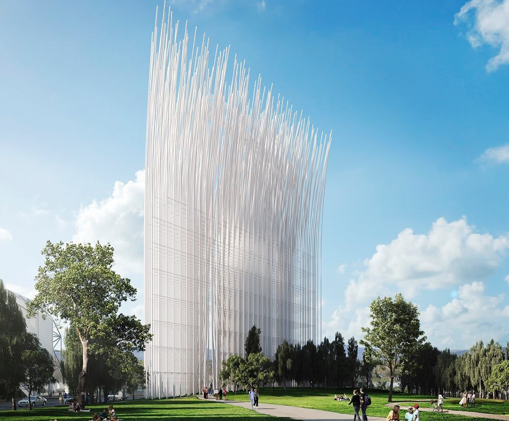 rendering of a proposed Silicon Valley landmark showing hundreds of stainless steel rods fraying into the sky