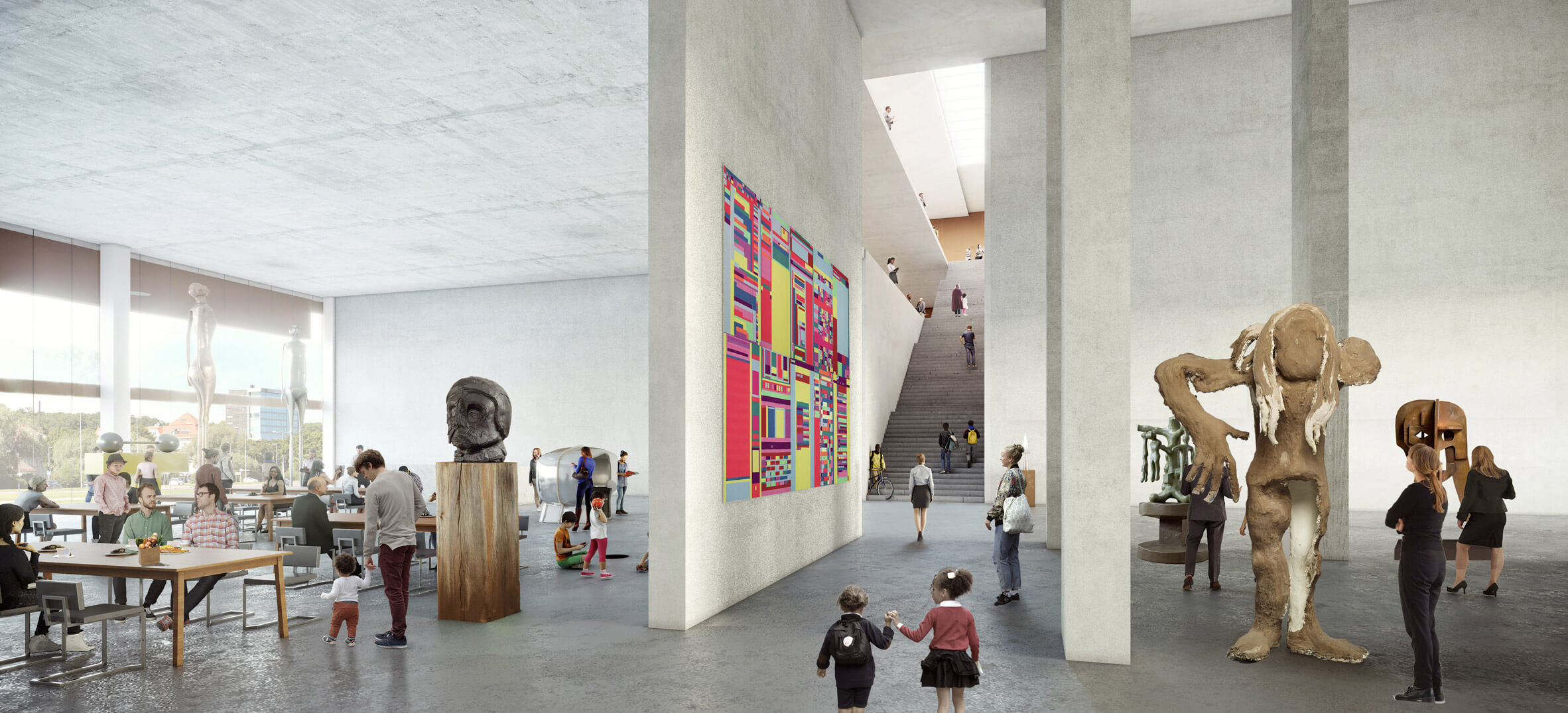 interior rendering of a concrete gallery with large scale installations