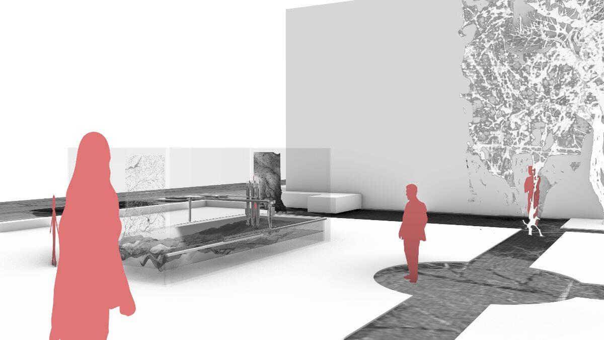 rendering of red figures against a map projected on a concrete wall for exhibit columbus 2021