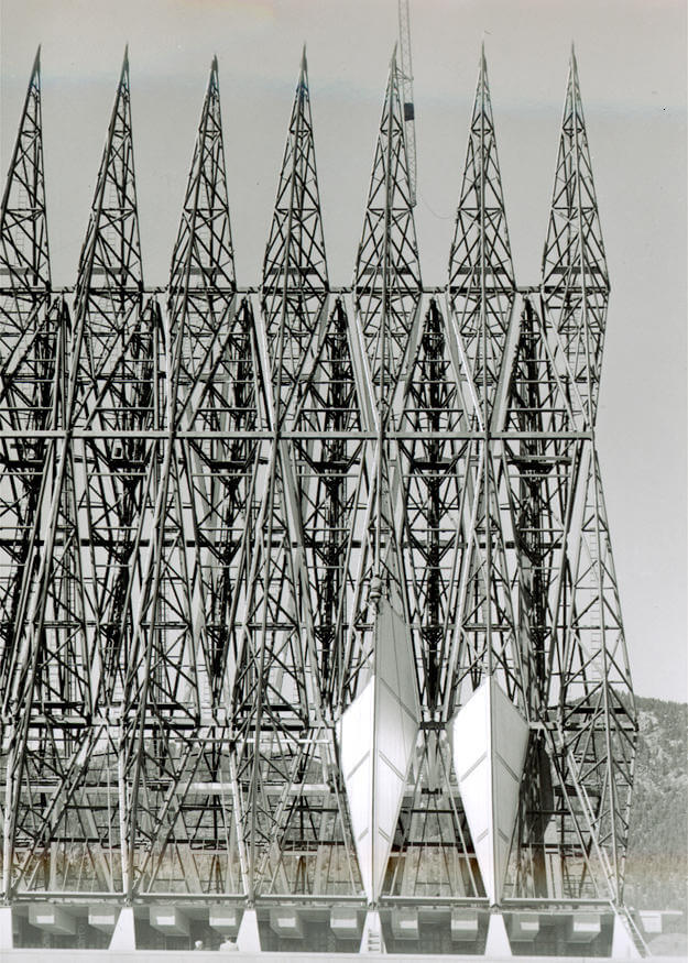 the Air Force Academy Chapel under construction with half the spires unfinished