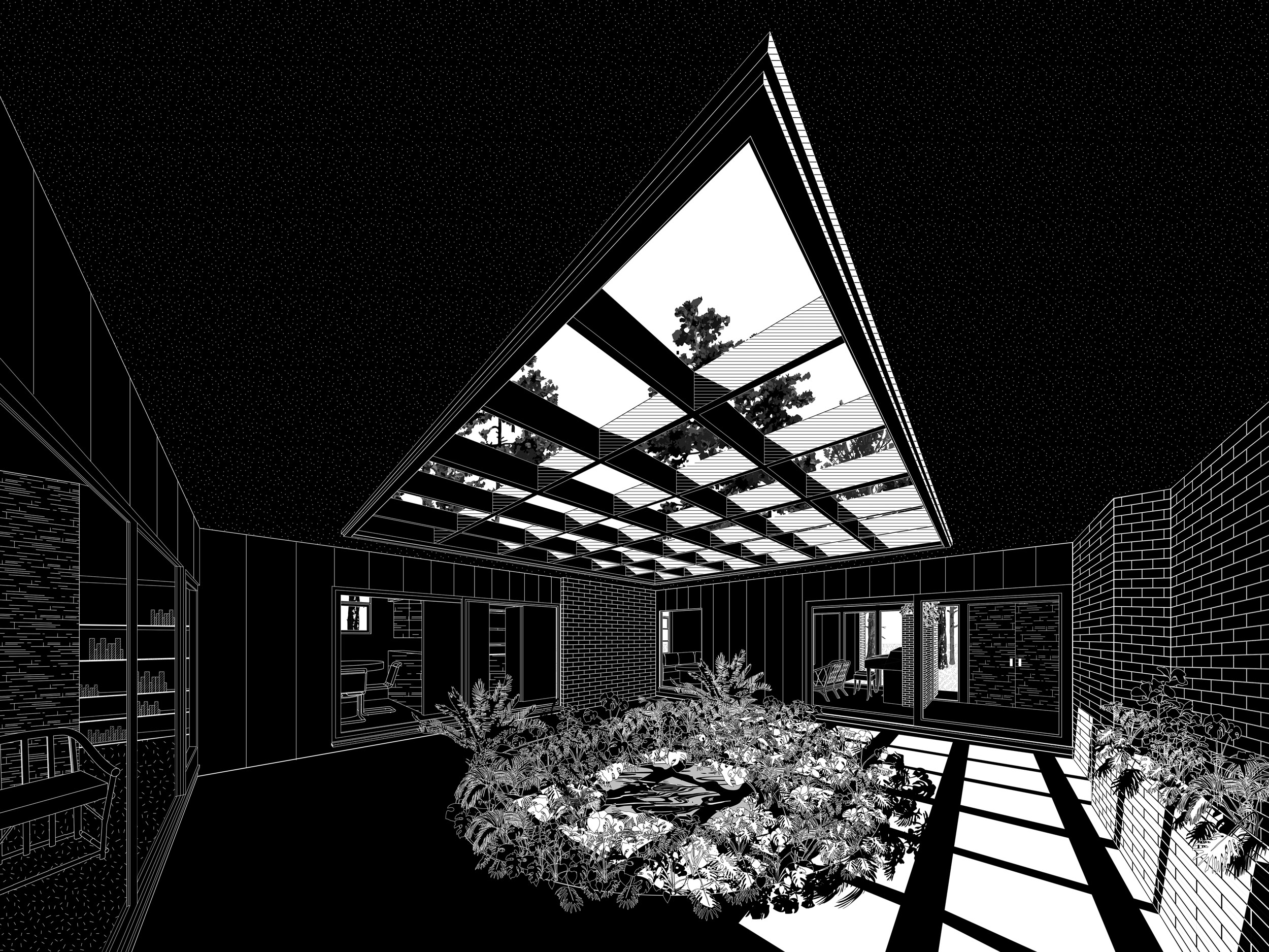 black-and-white perspective architectural drawing depicting a residential courtyard with plants, brick, and other details