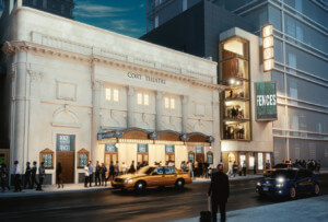 rendering of a stone neoclassical theater and black box addition, with cort theare signage