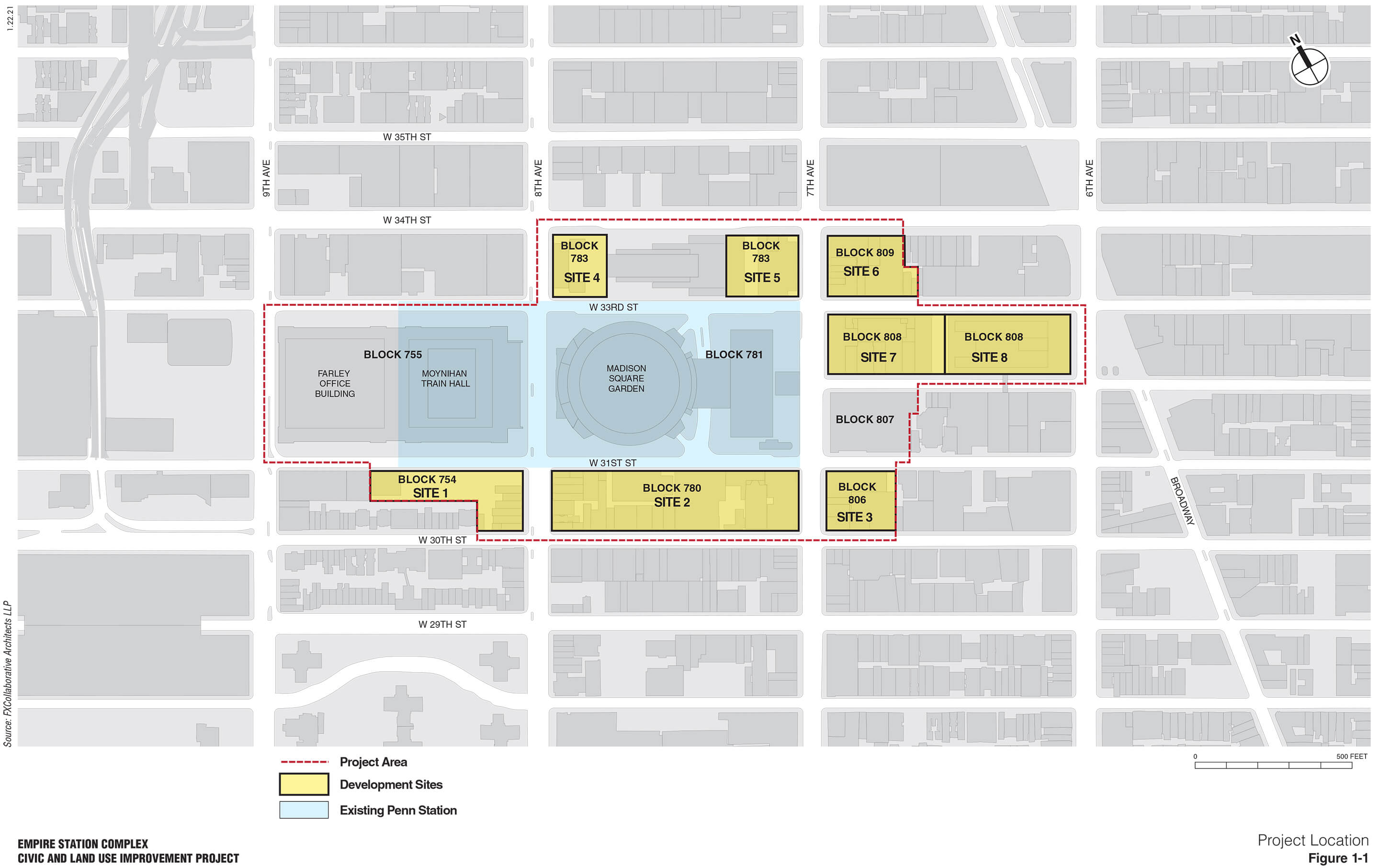 a diagram of the area around penn station with 8 different sites outlined 