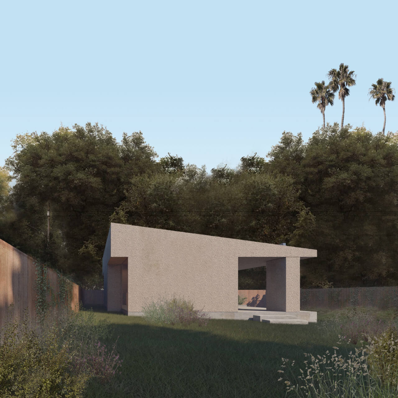 low-angled rendering depicting the exterior of an unbuilt but pre-approved accessory dwelling unit for los angeles
