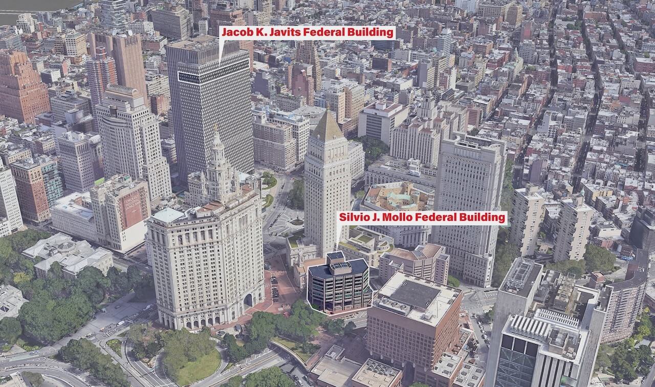 an aerial map of lower manhattan identifying two federal buildings
