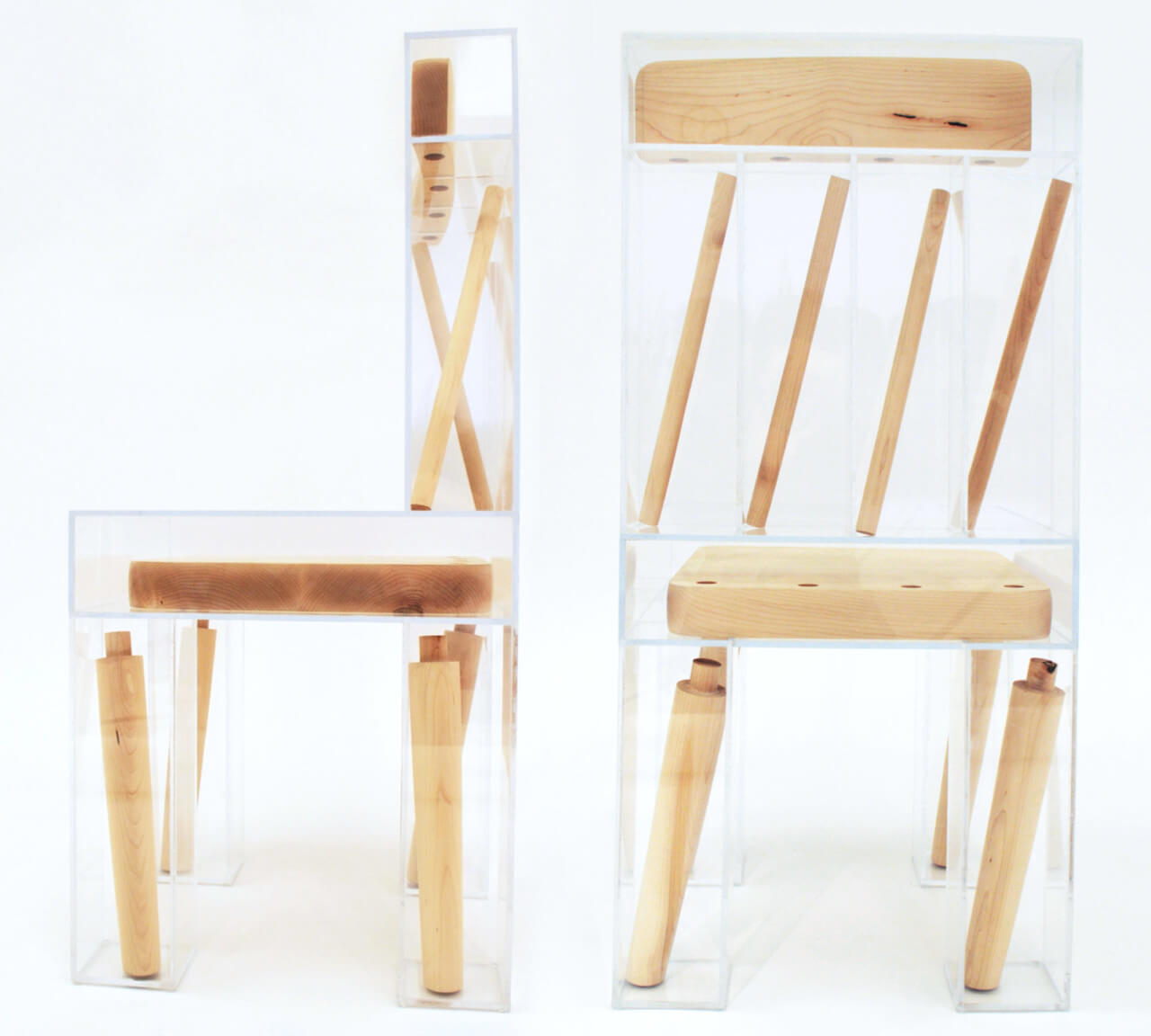 A wooden chair encased in clear resin, designed by joyce lin