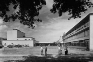 b&w archival photo of a college arts center