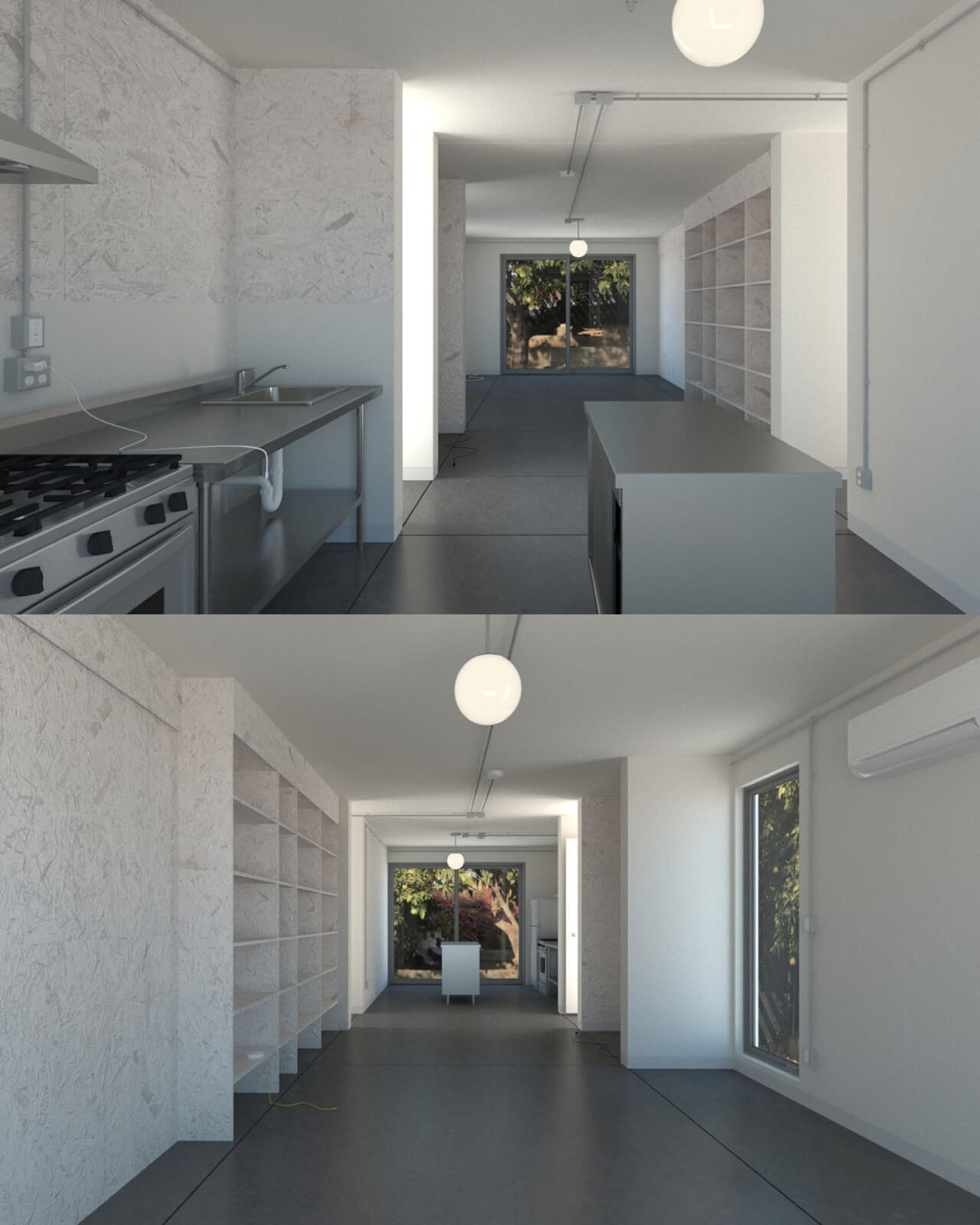 interior perspectives of an unbuilt but pre-approved accessory dwelling unit for los angeles with bulb lighting