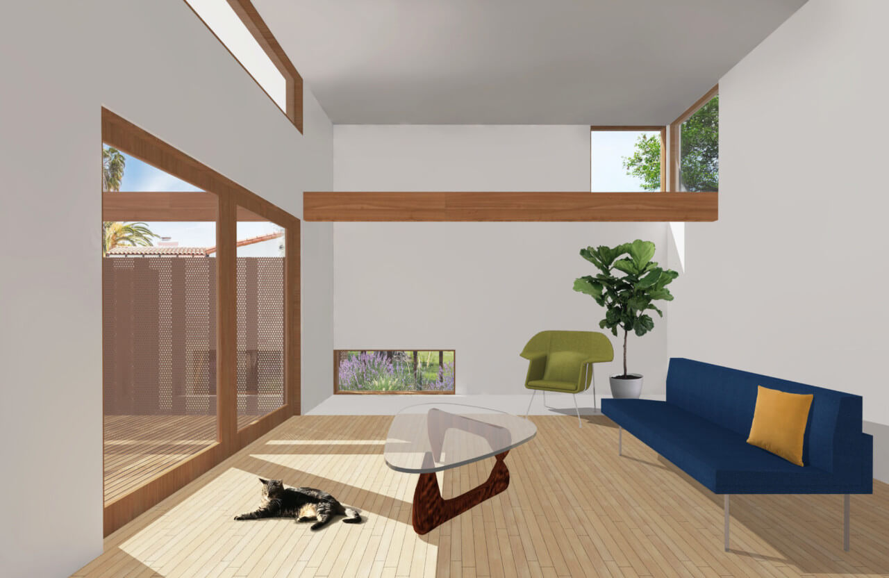 rendering depicting an interior of an unbuilt but pre-approved accessory dwelling unit for los angeles