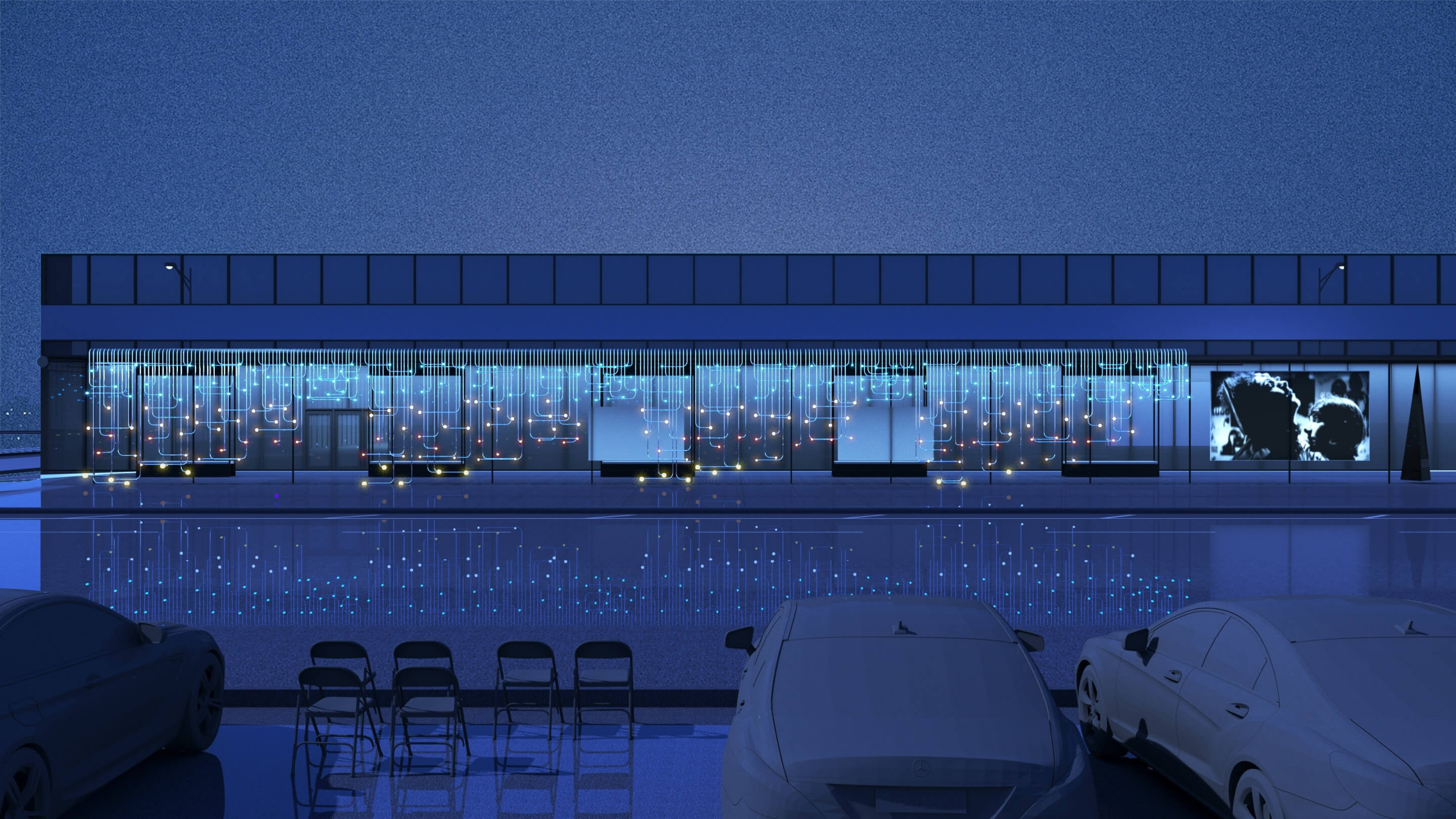 rendering of the interior of a cafe in blue lights
