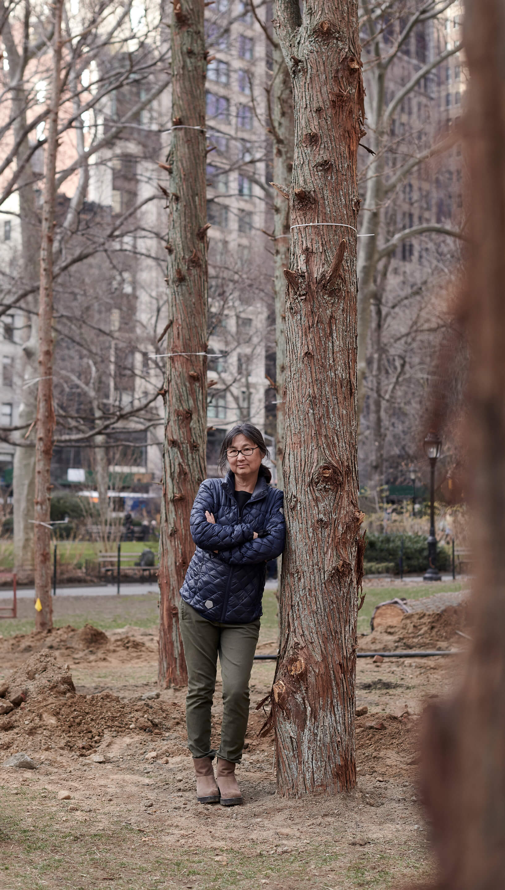 An asian american woman standing amid dead trees