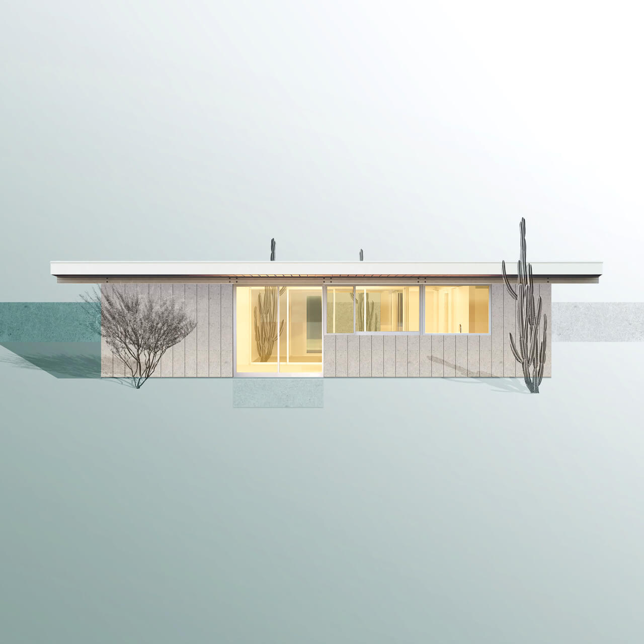 rendering depicting an exterior of an unbuilt accessory dwelling unit with cactus in the foreground