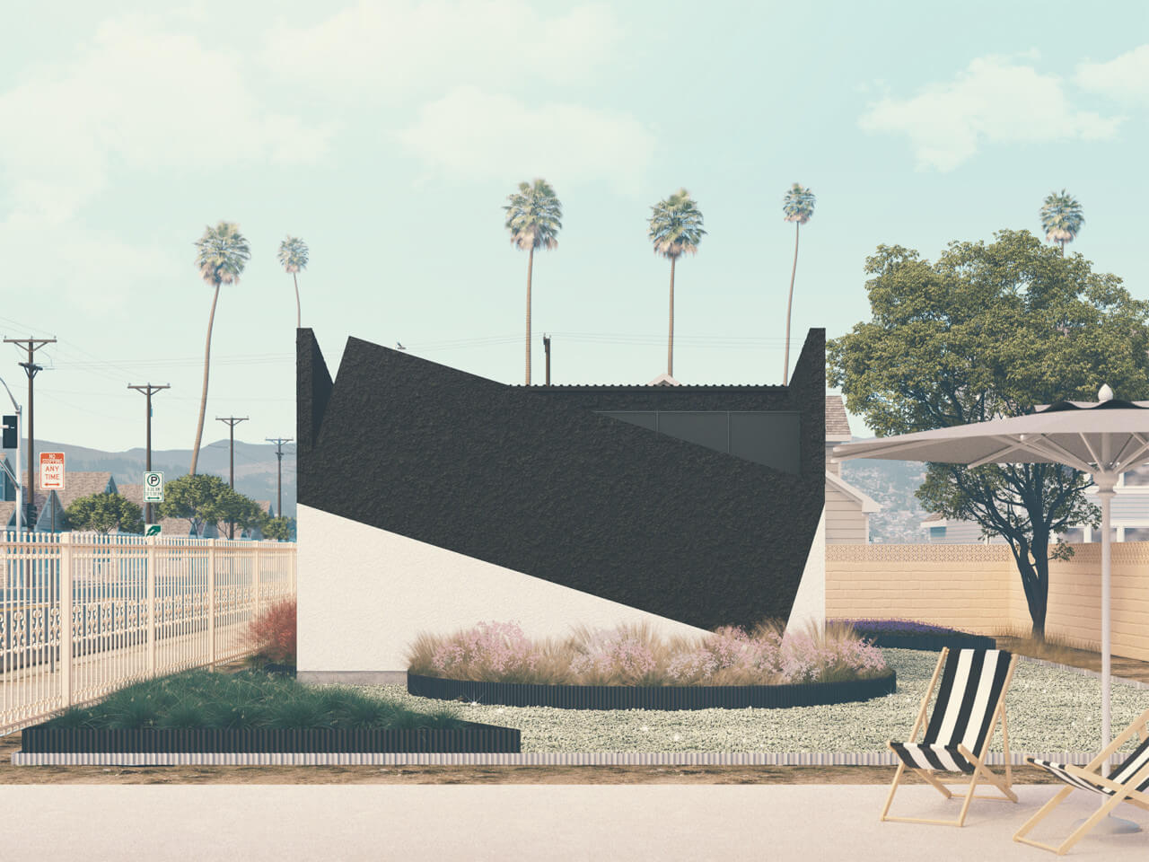 rendering depicting the rear facade of an unbuilt accessory dwelling unit in los angeles with palm trees in the background