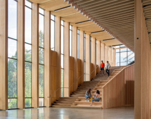 Inside an Oregon State University College of Forestry made from timber with multistory spaces
