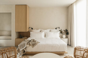 interior of a bed in a guest house called Octavia Casa, decked out in earth tones