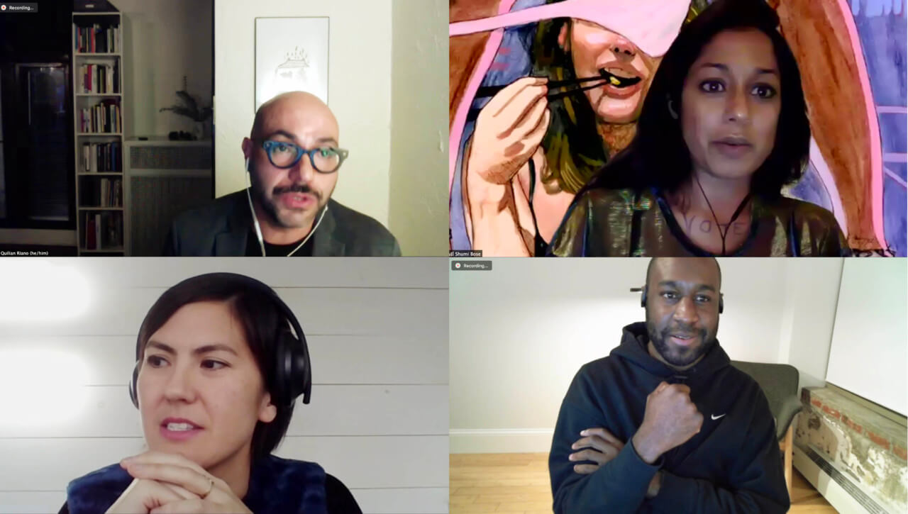 a grid of four speakers on a zoom call during office hours, two men and two women