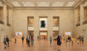 rendering of a grand entrance hall in a museum
