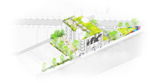 Axonometric rendering of the love building, a new community center planted with trees
