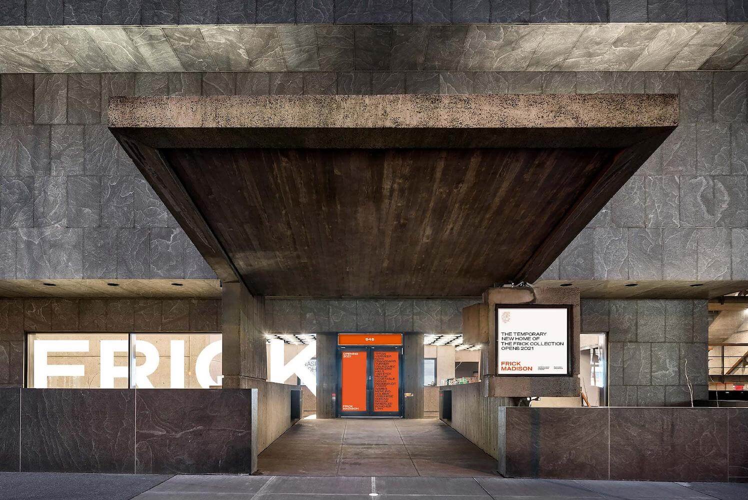 exterior rendering depicting the entrance to a Brutalist building with outstretched canopy