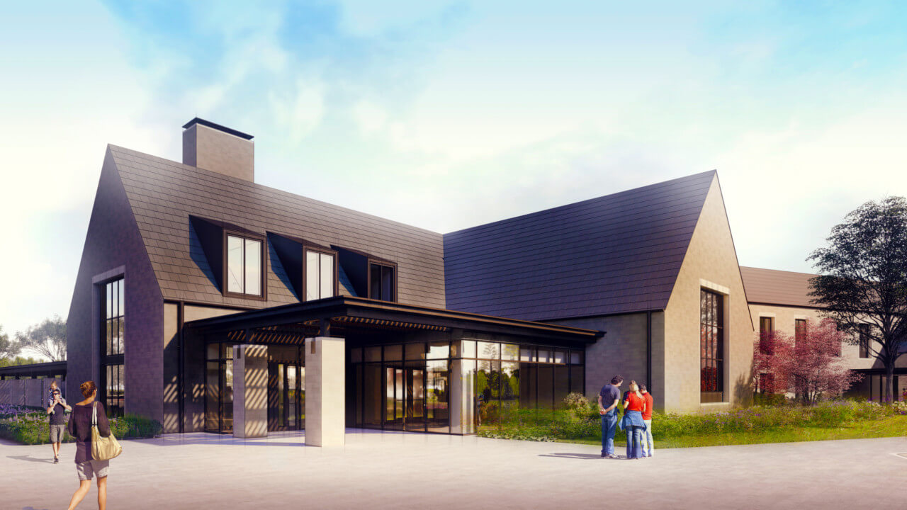 Exterior rendering of people walking among a gabled visitors center