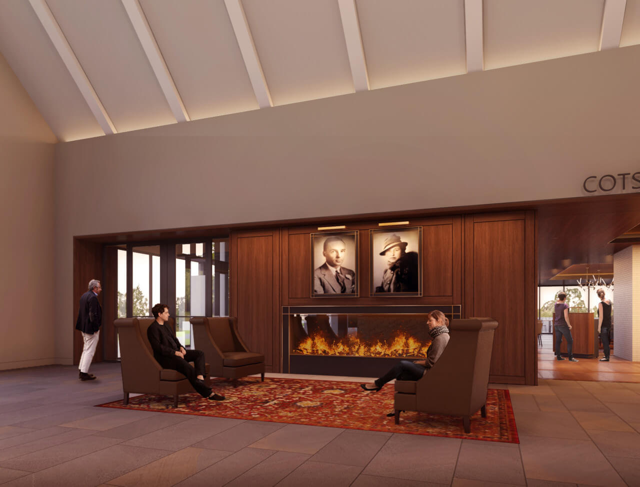 illustration of a lobby area with fireplace