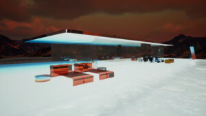rendering of mars house, a glass house-like structure in neon on the surface of mars