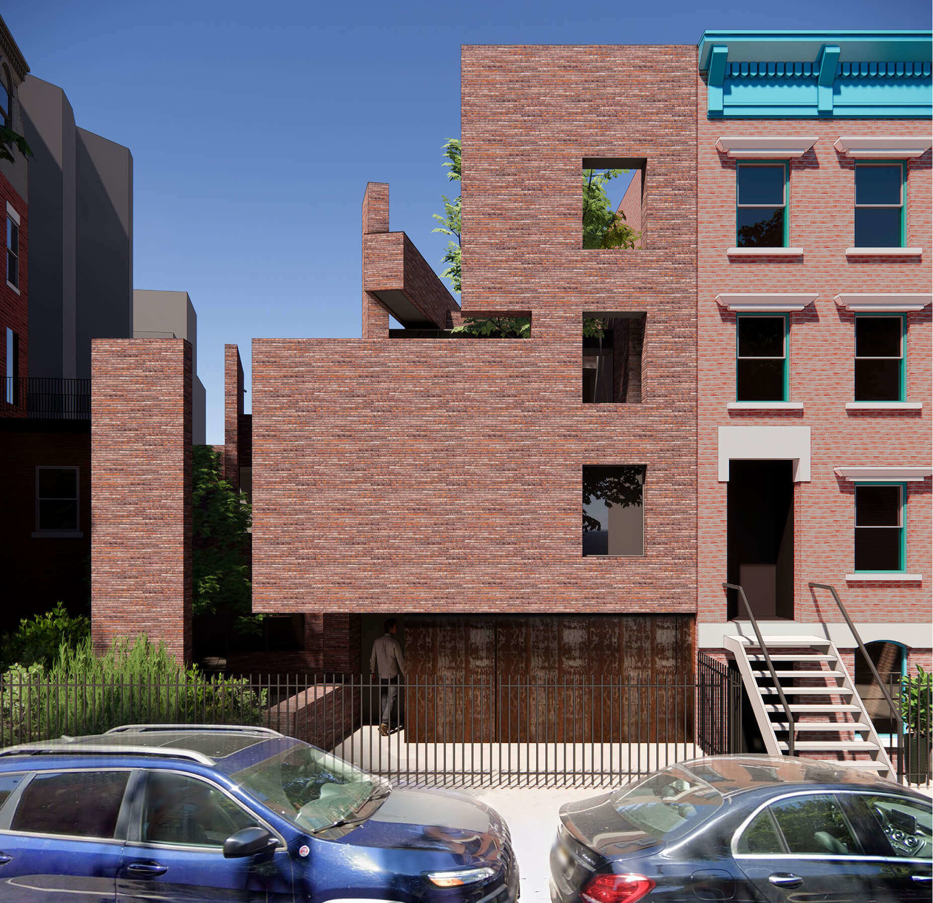 exterior of a modernist brick townhouse in brooklyn