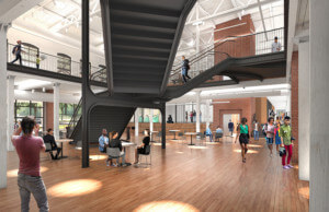 Interior rendering of a new college building with metal stairs in the center designed by studio gang