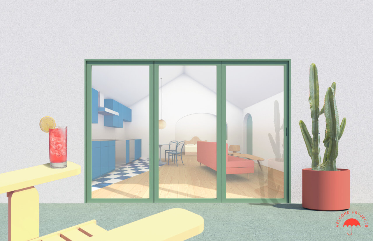 rendering of an interior view into an accessory dwelling unit with lemonade in the foreground
