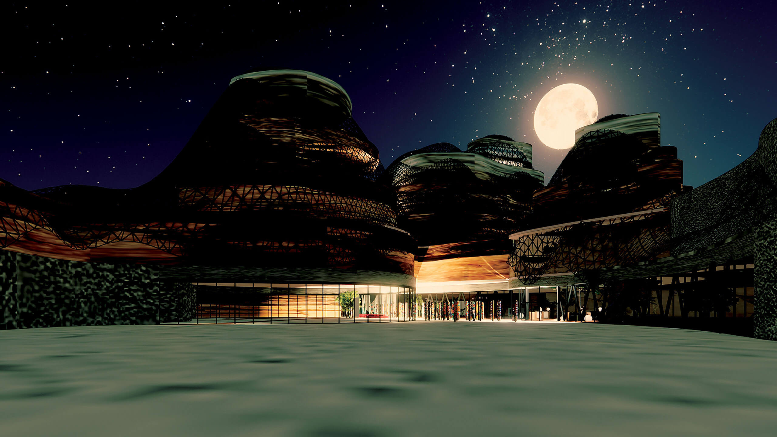 illustration of a structures in the moon-lit desert