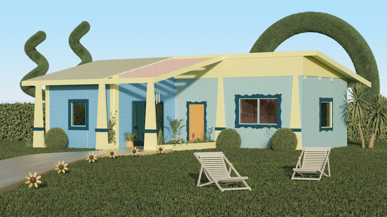 rendering depicting the exterior of an accessory dwelling unit with fanciful topiary in the background