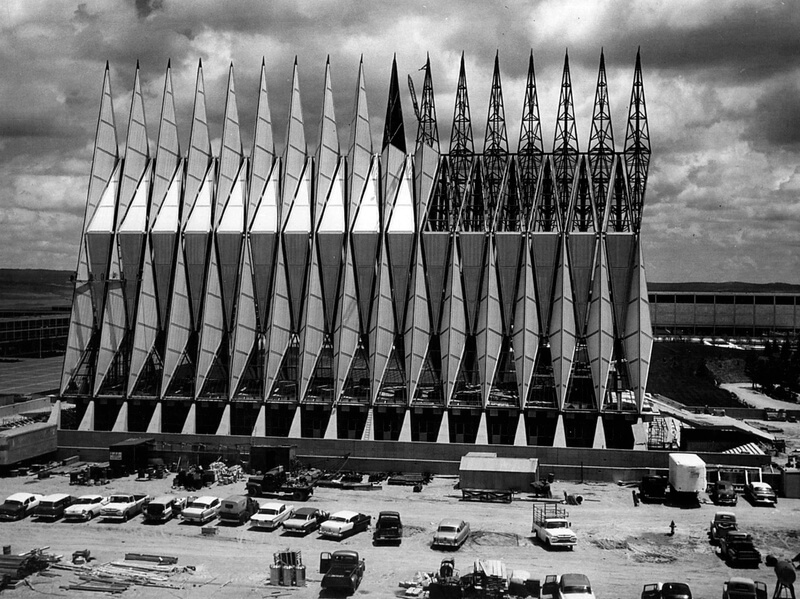 the Air Force Academy Chapel under construction with half the spires unfinished