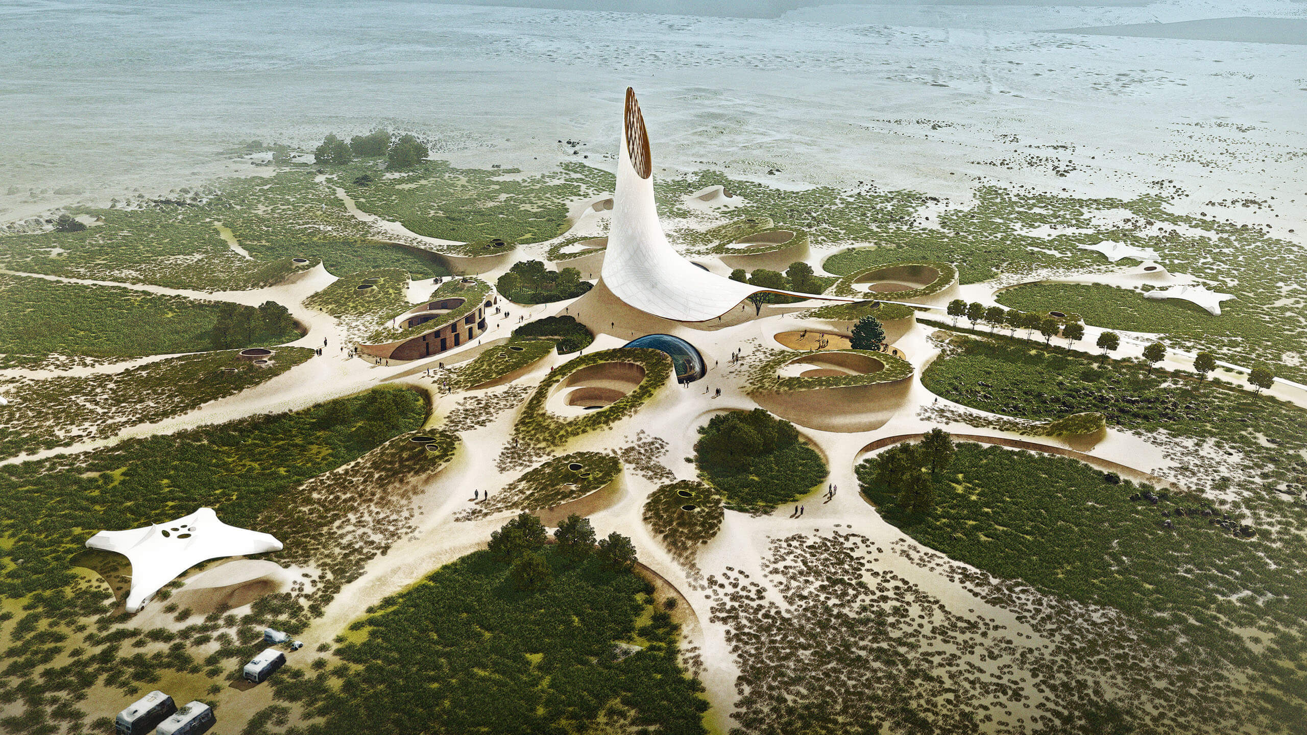 illustration of a futuristic structure emerging from the desert landscape