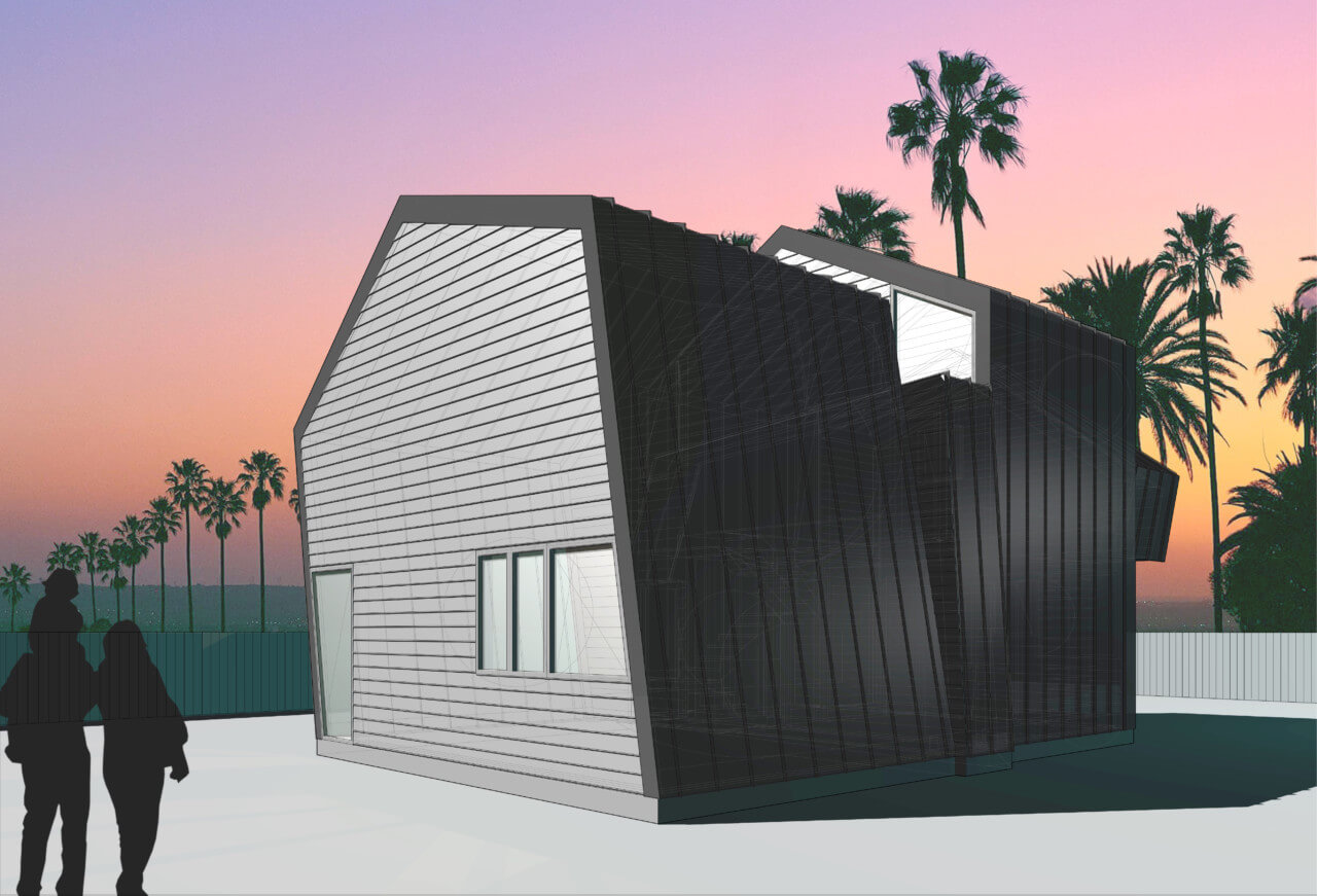 rendering depicting an exterior of an accessory dwelling unit against a late afternoon sky