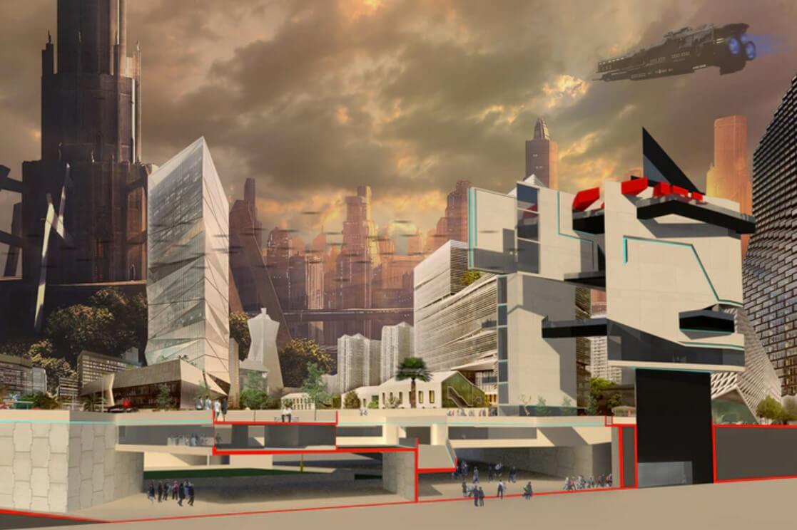 Rendering of a futuristic city with flying cars, one of the SOM Foundation winners