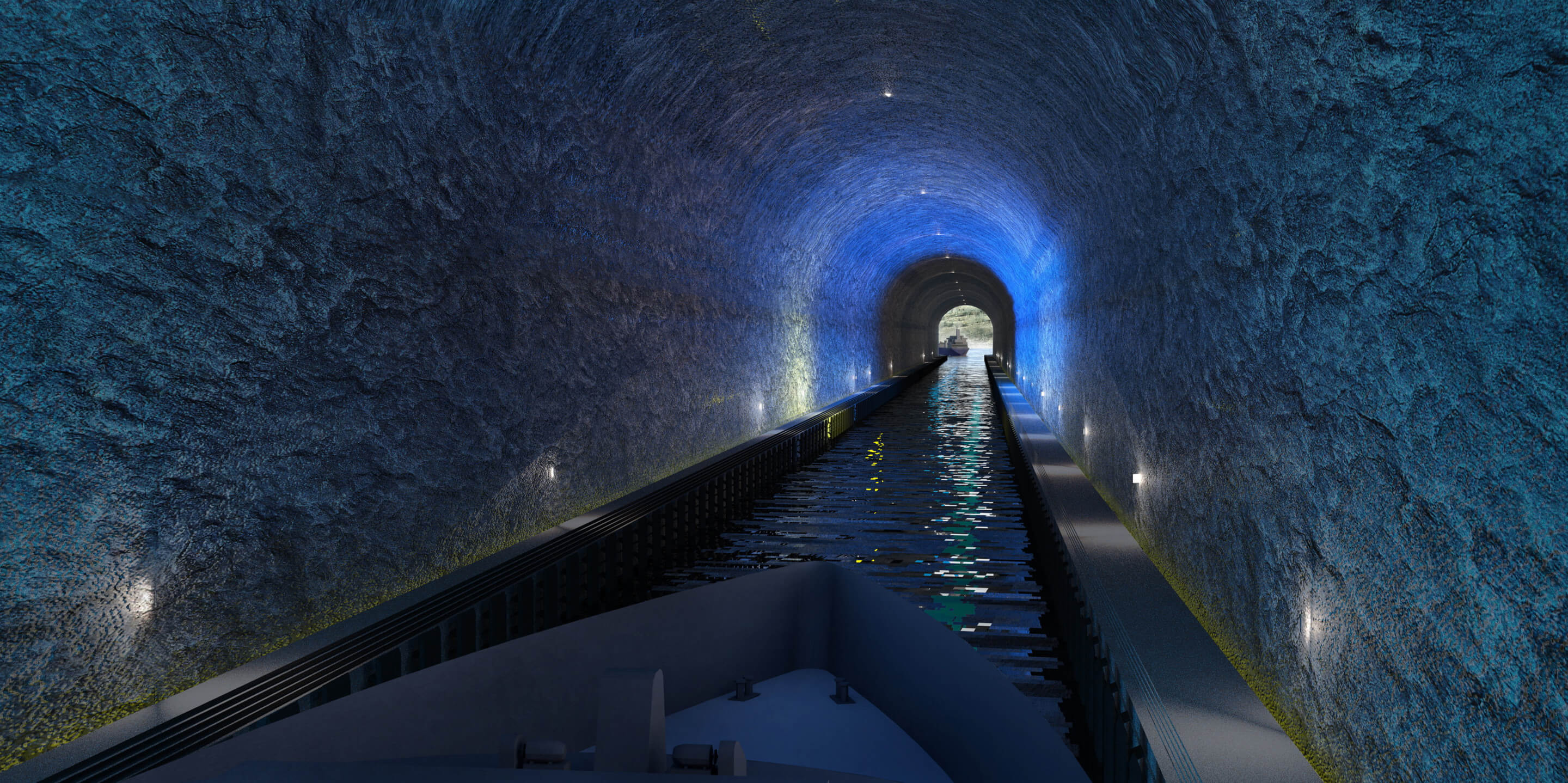 Interior rendering of a stone tunnel with LED lights